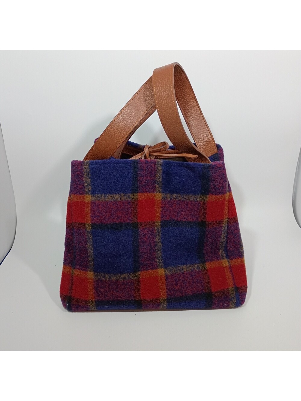 Sundance Catalog Felted Wool Blue Red Plaid Teddy Tote Bag Purse Leather Tie